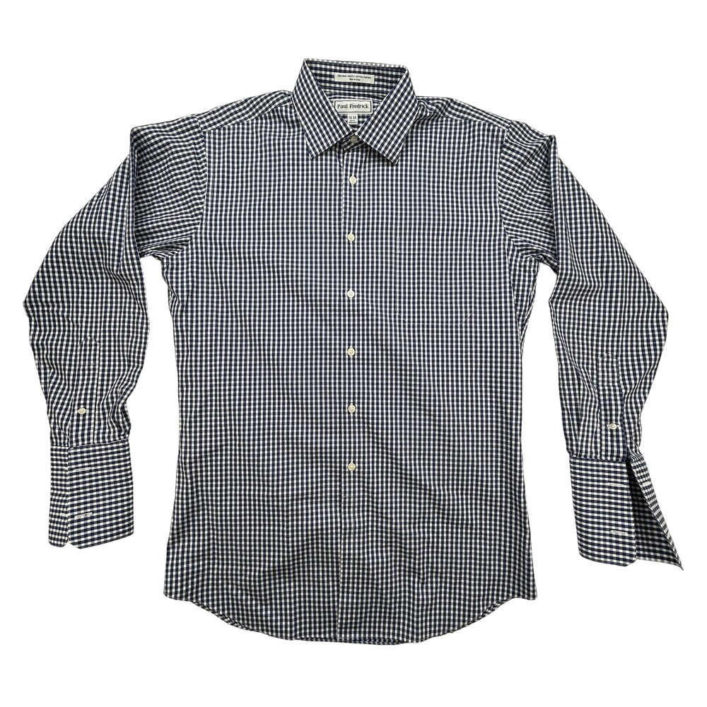 Paul Fredrick Shirt Mens 16-34 Slim Fit Blue White Check Button Down Cotton